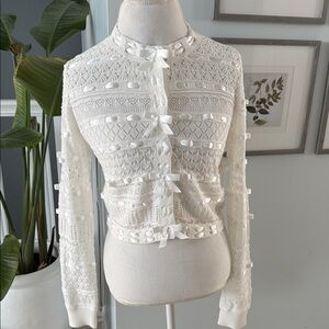 LoveShackFancy White Lace Ribbon cardigan